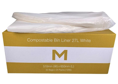 Eco-friendly white compostable bin liners, 27L, 510mm x 650mm, made from renewable plant materials, pack of 1350.