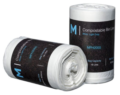 White 18L compostable bin liners made from renewable corn materials, designed for sustainable waste management and quick biodegradation.