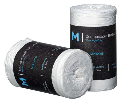 Eco-friendly 27L compostable bin liners in white, made from organic materials, ideal for sustainable waste management.
