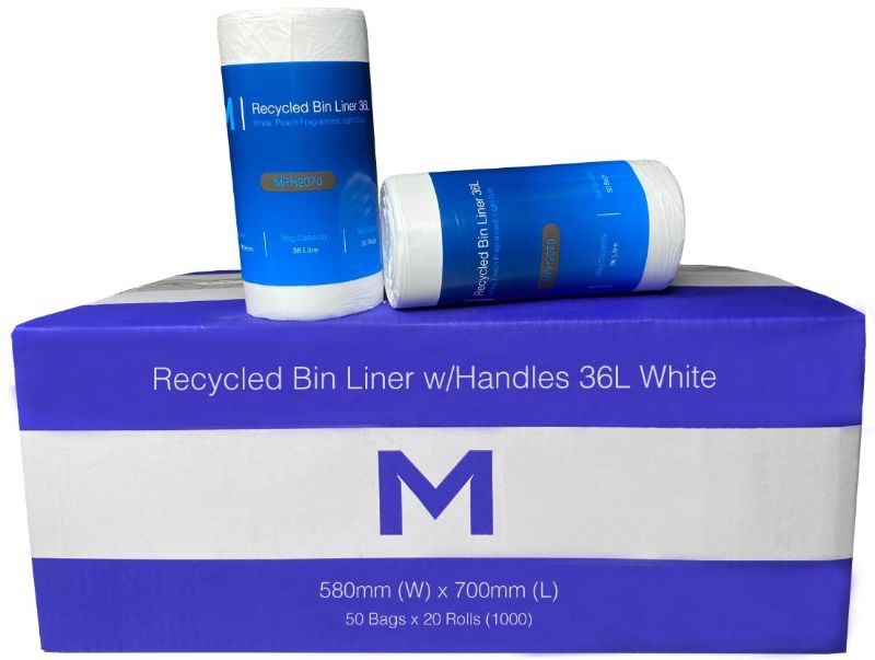Eco-friendly 36L recycled bin liners with handles, strong and versatile, perfect for waste disposal at home or office.