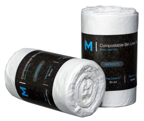 Eco-friendly 36L compostable bin liner in white, made from renewable corn materials, perfect for waste disposal and composting.