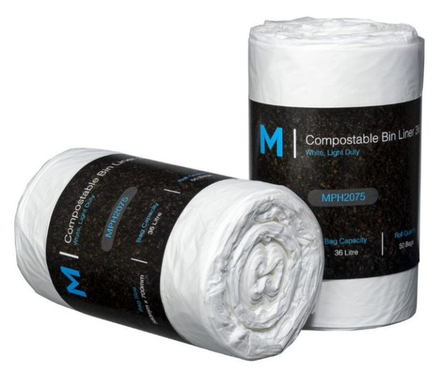 Eco-friendly 36L compostable bin liner in white, made from renewable corn materials, perfect for waste disposal and composting.