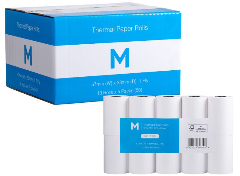 High-quality white thermal paper rolls, 57mm x 38mm, 1 Ply, FSC Mix®, pack of 50 for reliable printing and eco-friendly use.
