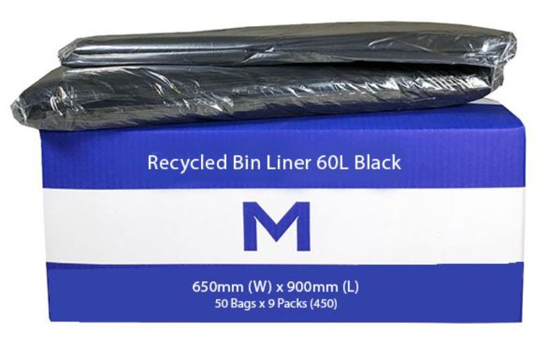 FP Recycled Bin Liner 60L in black, robust 30mu thickness, made from recycled plastic, 450 liners for sustainable waste management.