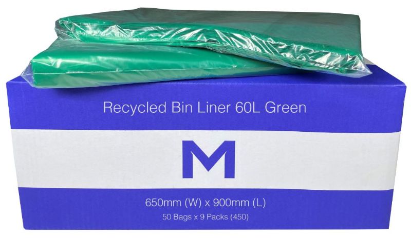 Eco-friendly green bin liners, 60L size, made from recycled plastic for strong, odour-free waste management. Box of 450 bags.