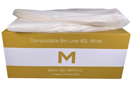 Eco-friendly FP Compostable Bin Liners, 60L, white; made from organic materials, ideal for composting and waste disposal.