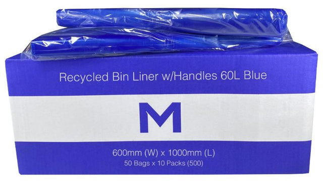 Blue recycled bin liner with handles, 60L, 600mm x 1000mm, durable, eco-friendly, 500 count box for waste management.