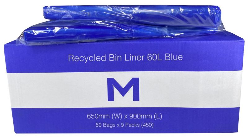 Eco-friendly blue 60L recycled bin liners, 650mm x 900mm, 30mu, durable, leak-resistant, box of 450 bags.