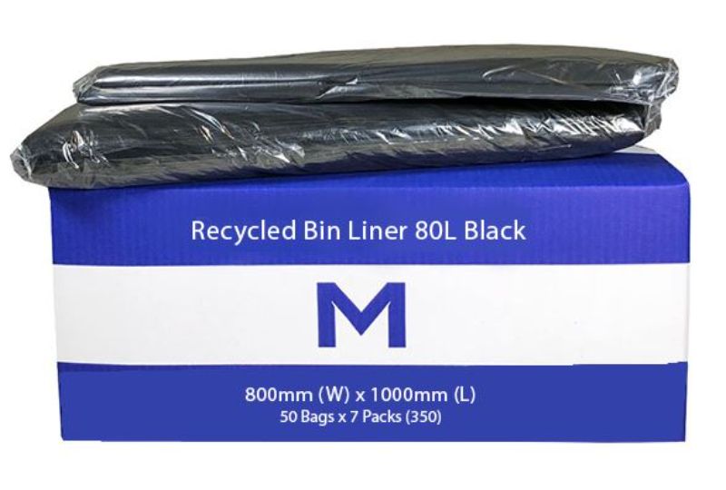 Black FP Recycled Bin Liners 80L, durable 30mu thickness, eco-friendly, packaged in a box of 350 for sustainable waste disposal.