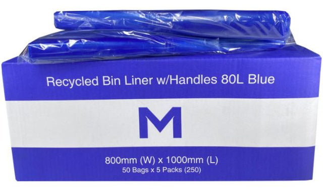 Blue recycled bin liners with handles, 80L capacity, 800mm x 1000mm, 40mu thickness, 250 eco-friendly bags in a box.