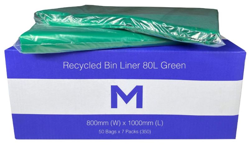 Green FP Recycled Bin Liner 80L, 800mm x 1000mm, durable 30mu, environmentally friendly with 350 bags for effective waste management.