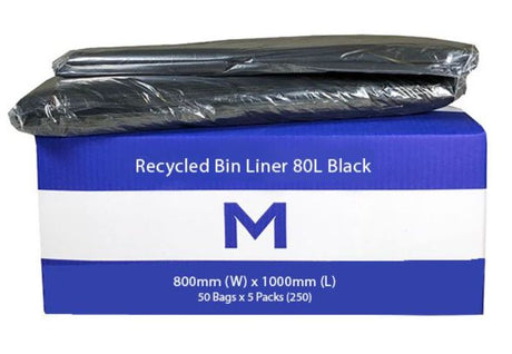 Eco-friendly black recycled bin liners, 80L size, 800mm x 1000mm, 250 bags, durable, puncture-resistant, and odor-proof.