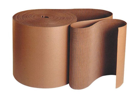 Brown corrugated cardboard roll, 1800mm x 75m, made from 100% recycled materials for durable, eco-friendly packaging solutions.