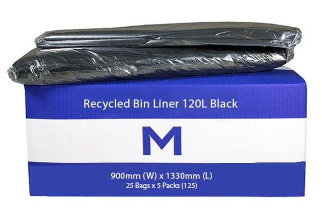 Eco-friendly black 120L bin liners, durable 50mu thickness, 900mm x 1330mm, perfect for recycling and waste management.