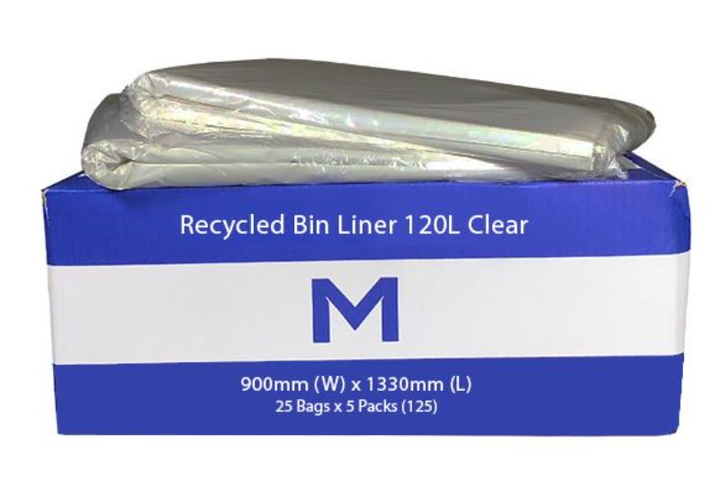 Clear 120L recycled bin liners, durable and eco-friendly, ideal for waste management in home or office settings. Box of 125 bags.