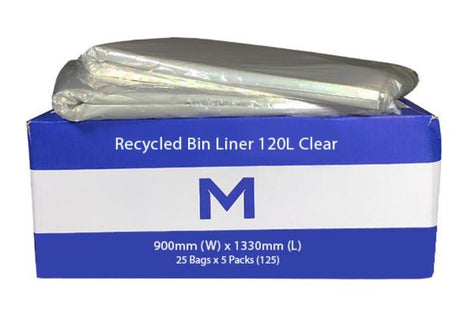Clear 120L recycled bin liners, durable and eco-friendly, ideal for waste management in home or office settings. Box of 125 bags.