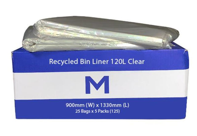 Clear 120L recycled bin liners, durable and eco-friendly, ideal for waste management in home or office settings. Box of 125 bags.