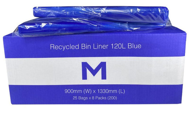 Blue FP Recycled Bin Liners, 120L, made from durable 30mu recycled material, perfect for sustainable waste management.