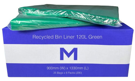 Eco-friendly green bin liners, 120L, 900mm x 1330mm, 30mu; durable, puncture-resistant, made from recycled plastic.