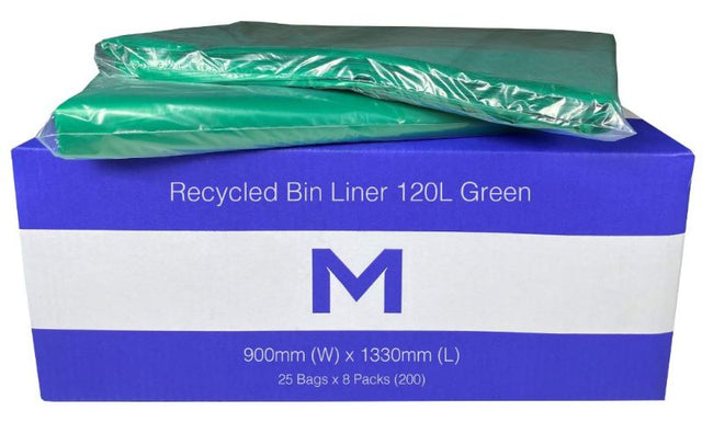 Eco-friendly green bin liners, 120L, 900mm x 1330mm, 30mu; durable, puncture-resistant, made from recycled plastic.