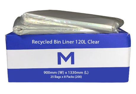 Clear recycled bin liners for waste management, 120L, 900mm x 1330mm, durable and eco-friendly, box of 200 bags.