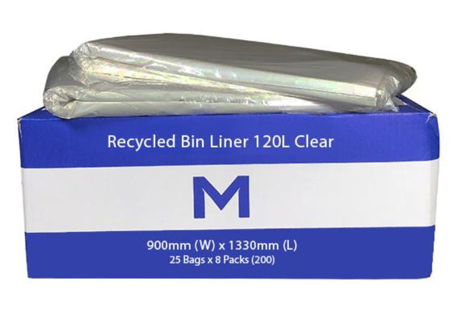 Clear recycled bin liners for waste management, 120L, 900mm x 1330mm, durable and eco-friendly, box of 200 bags.