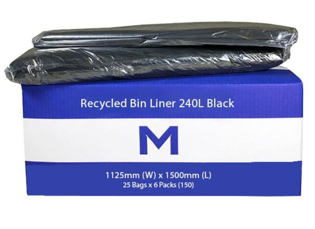 Black recycled bin liners, 240L, 1125mm x 1500mm, 30mu thickness, eco-friendly and durable for efficient waste disposal.