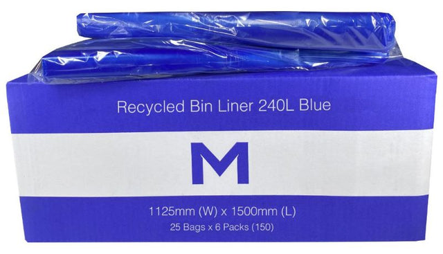 Blue 240L recycled bin liners, 1125mm x 1500mm, 30mu thickness, eco-friendly, strong, for effective waste management.