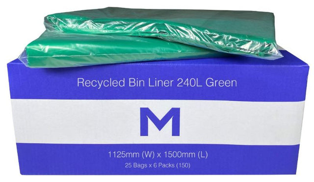 Vibrant green 240L recycled bin liners, 1125mm x 1500mm, eco-friendly, 30mu thickness, pack of 150 for effective waste management.