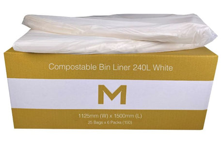Compostable bin liners in white, 240L size, made from renewable plant materials, eco-friendly waste management solution.