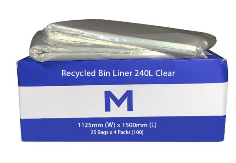 Clear recycled bin liners, 240L, strong 100mu material, eco-friendly, pack of 50, ideal for waste disposal at home or work.