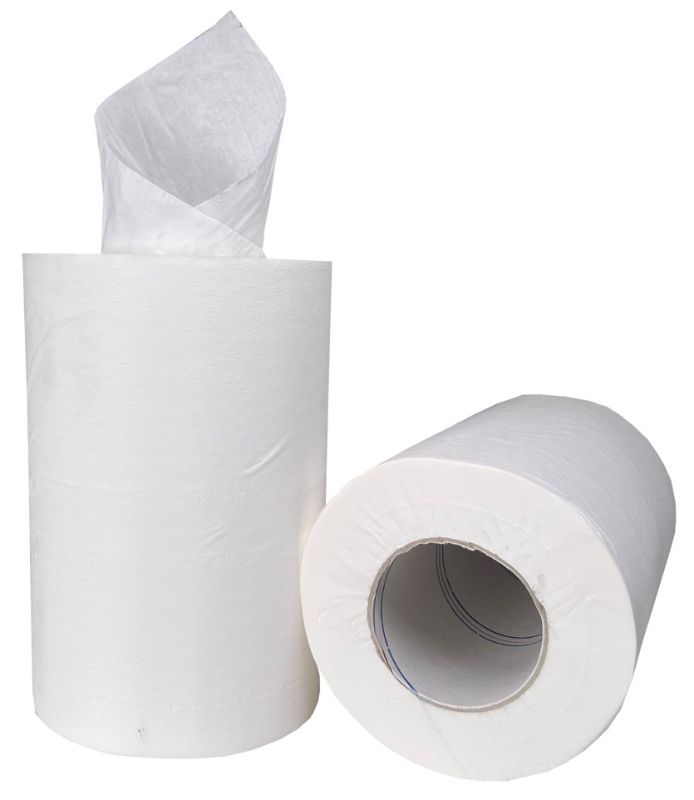 Mini Centre Feed Paper Towels in white, 2 Ply, 40gsm, ideal for heavy-duty cleaning, pack of 12 rolls, eco-friendly certified.