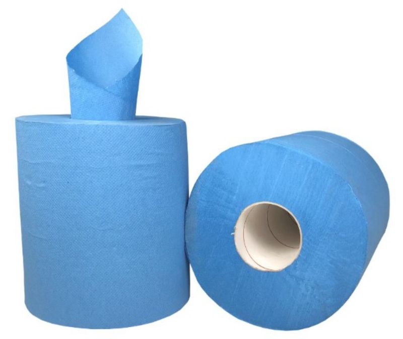 Centre feed paper towels in blue, 210mm x 300m, 1-ply, pack of 6, ideal for cleaning and drying in various industries.