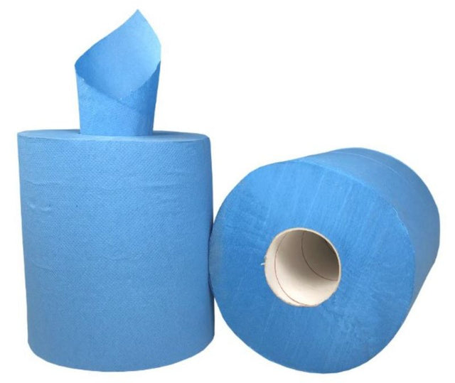 Centre feed paper towels in blue, 210mm x 300m, 1-ply, pack of 6, ideal for cleaning and drying in various industries.