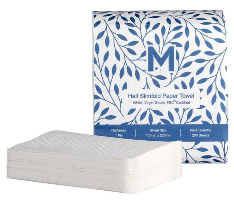 Half slimfold paper towels in white, 115mm x 230mm, absorbent and FSC certified for compact spaces, 8000 sheets in total.