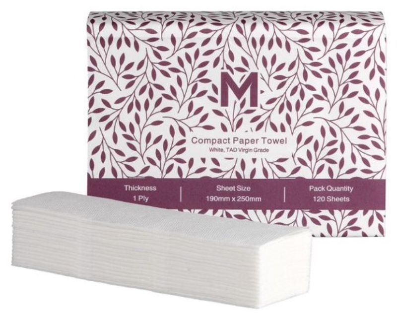Luxury TAD Compact Paper Towel, white, 1 ply, 200mm x 250mm, ideal for efficient drying and cleaning in high-traffic areas.