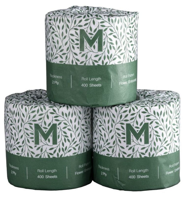 Eco-friendly recycled toilet tissue, 2-ply, 400 sheets per roll in a pack of 48, soft and safe for sensitive skin.