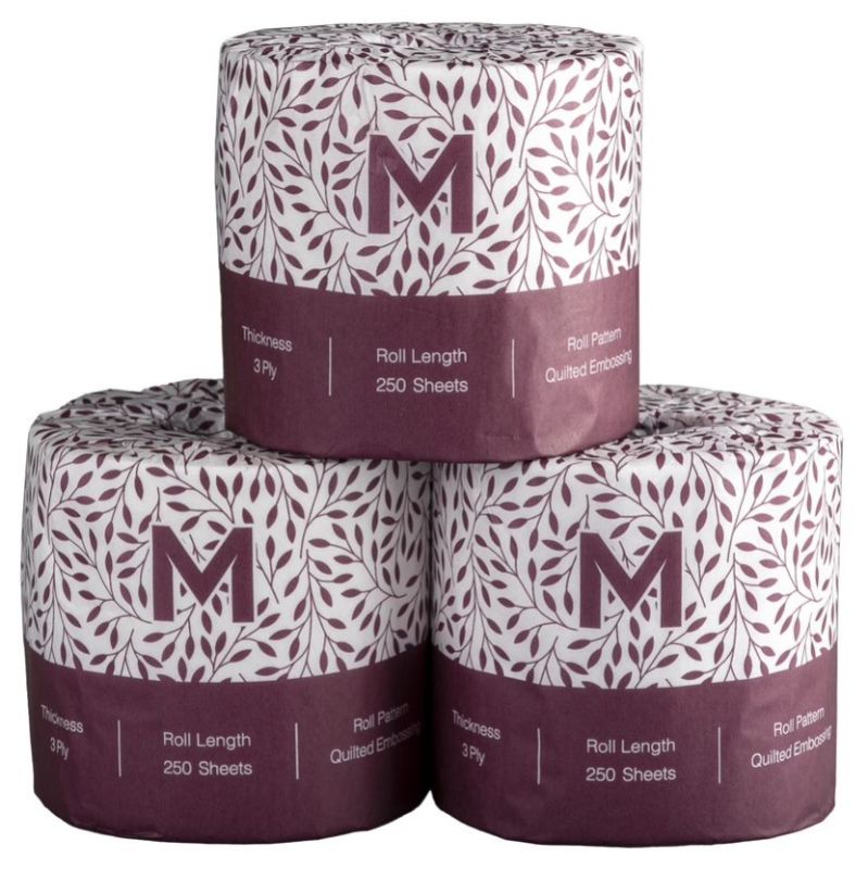 Elegant embossed white toilet tissue, 3 ply with 250 sheets per roll, individually wrapped in stylish packaging for luxury.