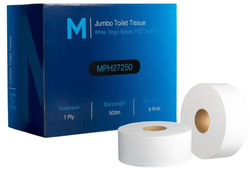 Virgin Jumbo Toilet Tissue Pack: 8 rolls of 500m, soft 1-ply tissue for high-traffic restrooms, FSC certified for sustainability.