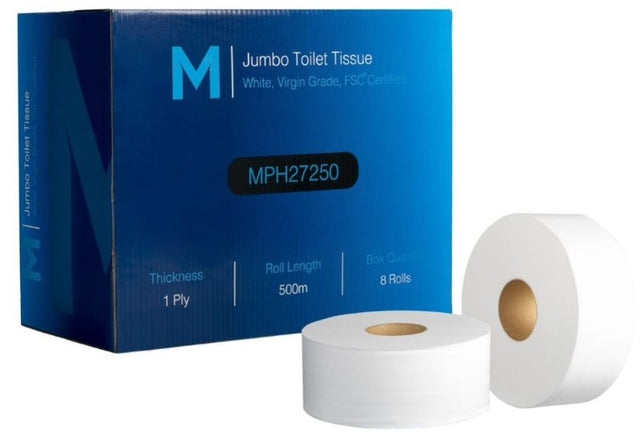 Virgin Jumbo Toilet Tissue Pack: 8 rolls of 500m, soft 1-ply tissue for high-traffic restrooms, FSC certified for sustainability.