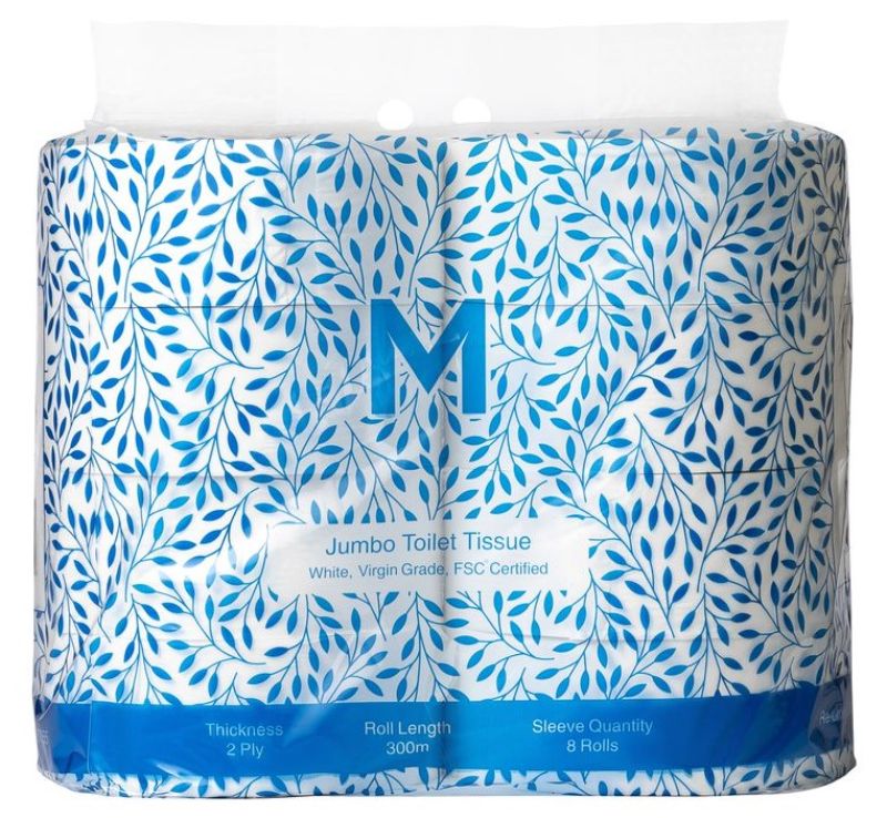 Virgin Jumbo Toilet Tissue Pack features 8 rolls of soft, strong, 2-ply, 300m white tissue, ideal for high-traffic bathrooms.