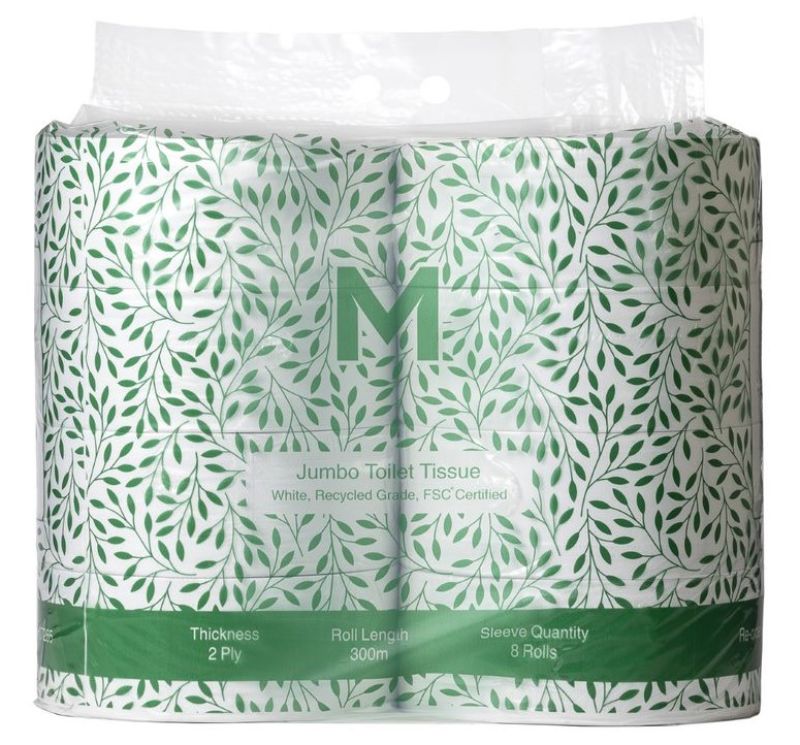 Recycled Jumbo Toilet Tissue Pack featuring 8 rolls of 2-ply, 300m white tissue made from eco-friendly recycled paper.
