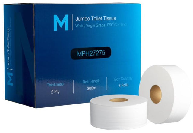 Premium Virgin Jumbo Toilet Tissue, 2-ply, 300m rolls for high-traffic use—soft, strong, and FSC certified (Pack of 8).