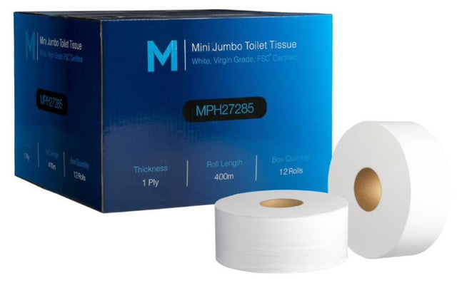 Boxed pack of 12 Mini Jumbo Toilet Tissue rolls, 1 Ply, 400m each, designed for softness, strength, and sustainability.