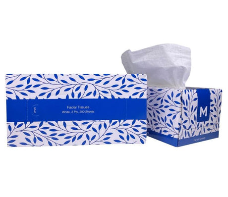 Soft, hypoallergenic white facial tissues in a pack of 24, featuring 2-ply construction for absorbency and comfort.