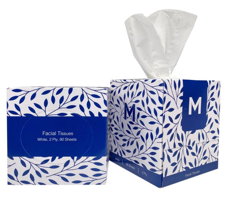 Cube Facial Tissues in a white cube box, 90 soft, hypoallergenic 2-ply sheets per pack, ideal for home and office use.