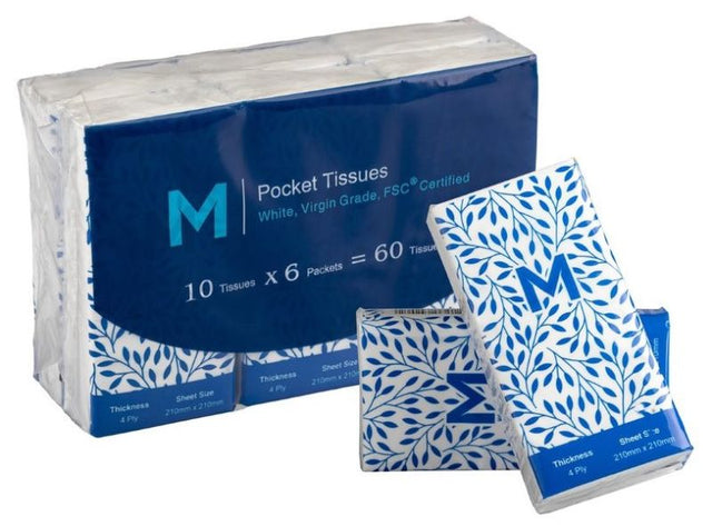 Travel-friendly tissue pocket packs, 4 ply, 10 sheets each, FSC certified, perfect for hygiene and convenience on the go.