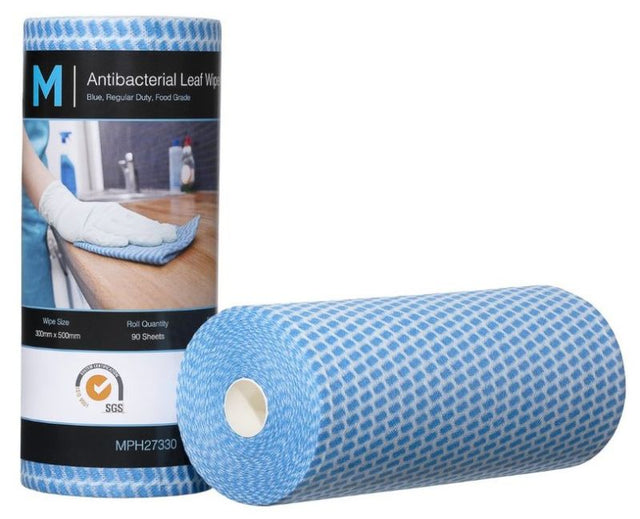 Antibacterial leaf wipes in blue, 300mm x 500mm, 90 sheets per roll, durable and reusable for effective cleaning.