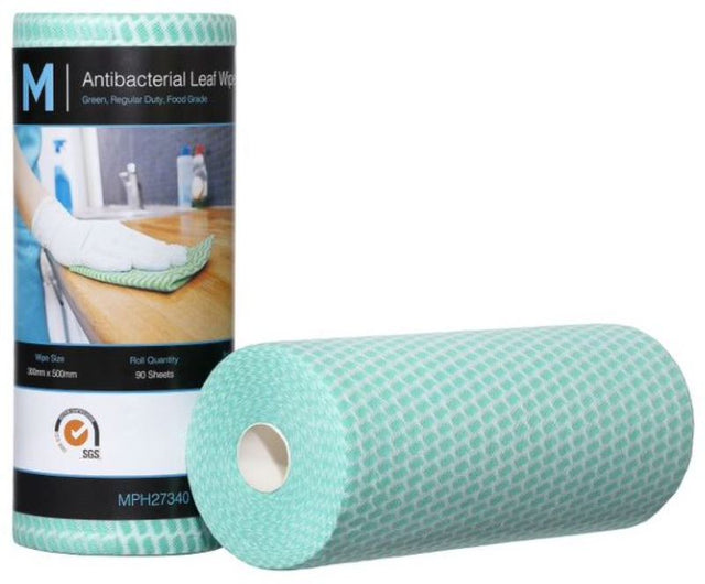 Green antibacterial leaf wipes, 300mm x 500mm, pack of 4 with 90 reusable sheets for effective cleaning and germ prevention.
