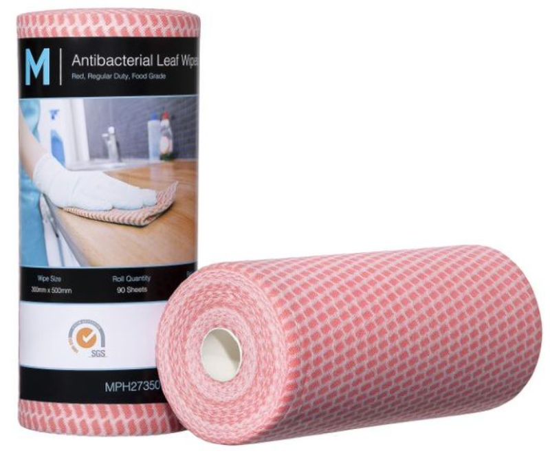 Antibacterial red leaf wipes, 300mm x 500mm, 90 sheets per roll, reusable and eco-friendly for effective cleaning and hygiene.
